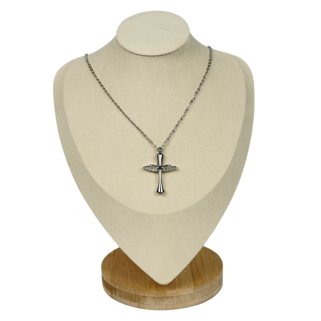 Angel-Wings-Cross-Ashes-Pendant-Cremation-Jewellery-On-Bust