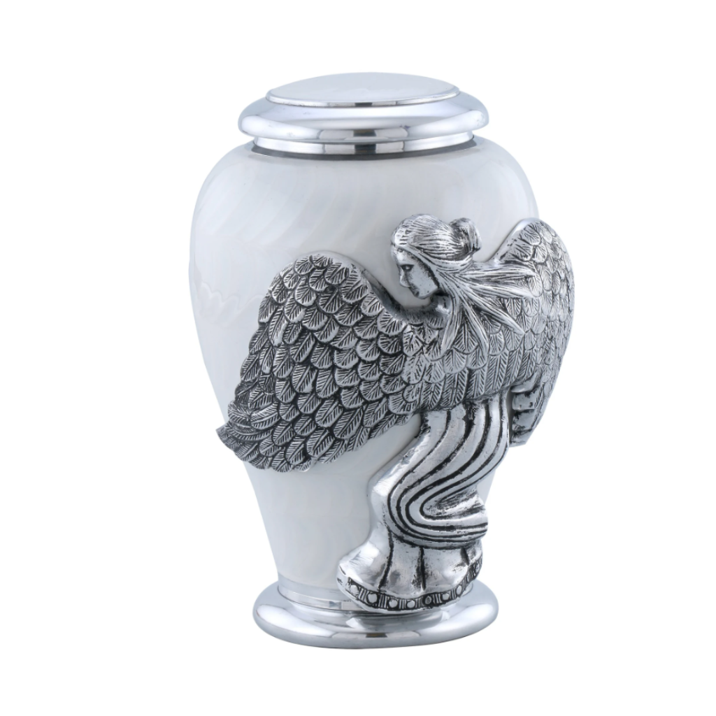 white urn with silver angel attached on side