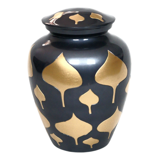 Black urn with gold leaf details