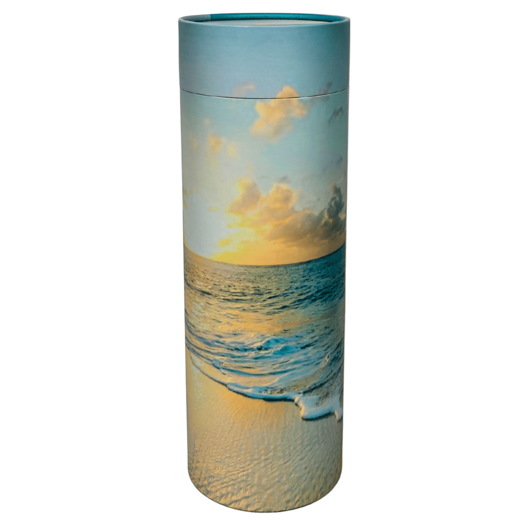 Scattering Tube with a beach sunset design on a white background