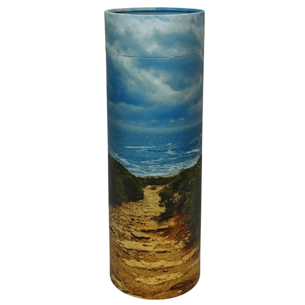 Scattering Tube with a design of a beach path and cloudy sky on a white background