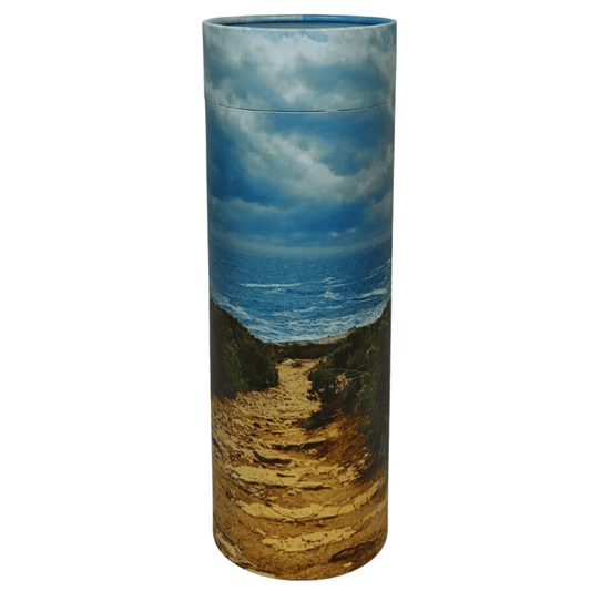 Scattering Tube with a design of a beach path and cloudy sky on a white background