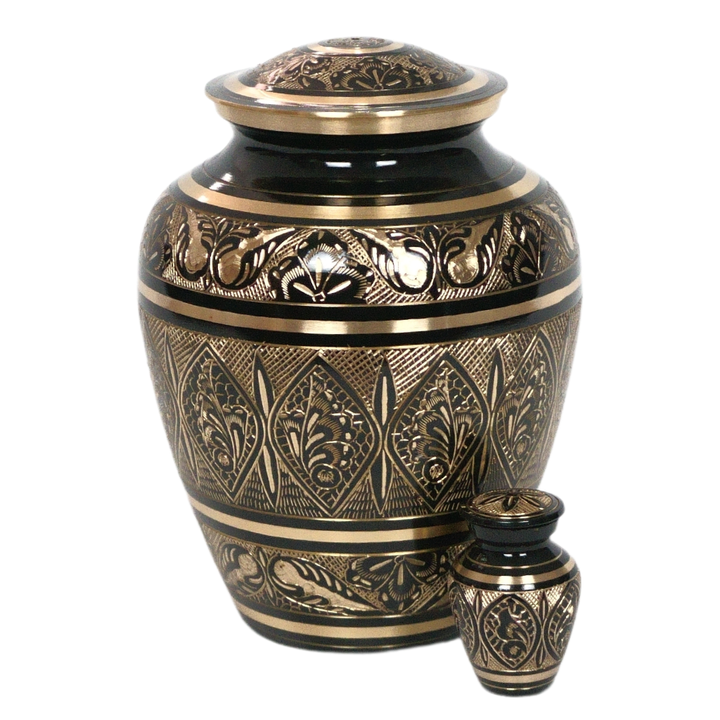 Brass keepsake urn with intricate butterfly details next to a matching full size urn