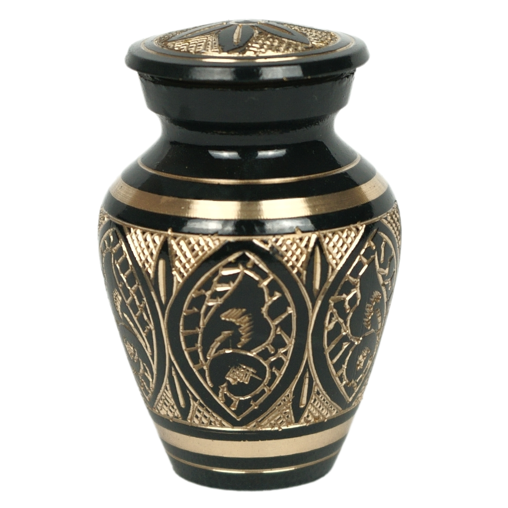 Brass keepsake urn with intricate butterfly details