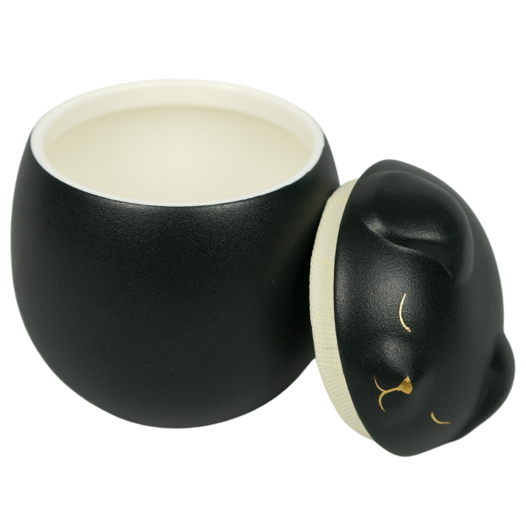 Black canine companion ceramic urn lid off