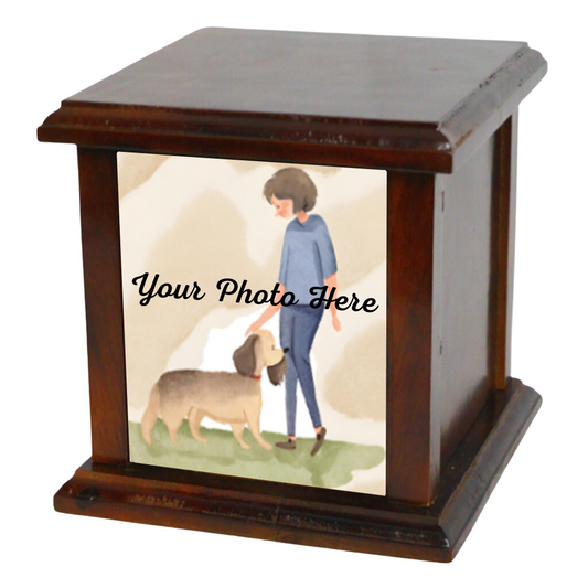Wooden box urn with customisable photo insert. "Your photo here" in frame