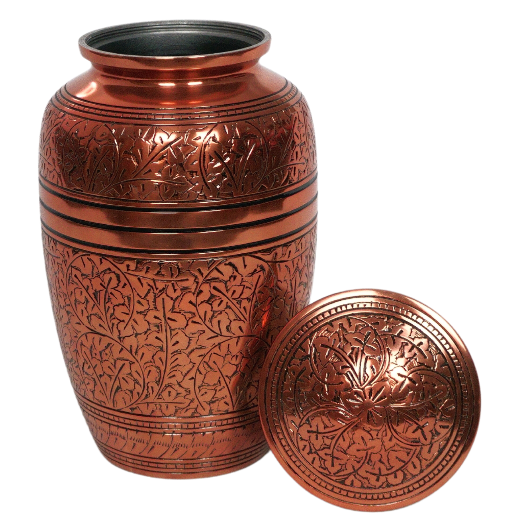 Brass urn in bronze colour with intricate etching details lid off