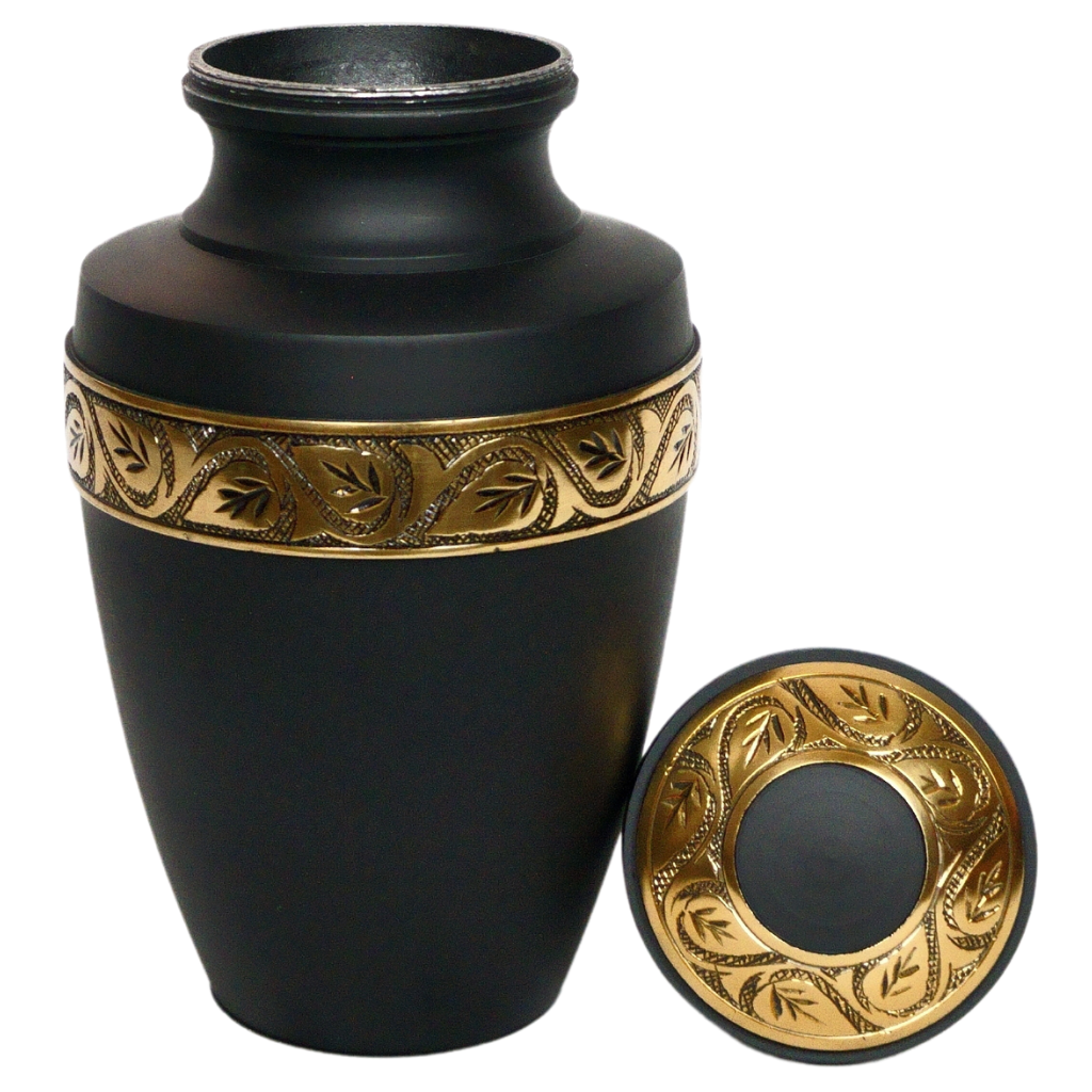 Matte black urn with gold stripe and leaf details lid off