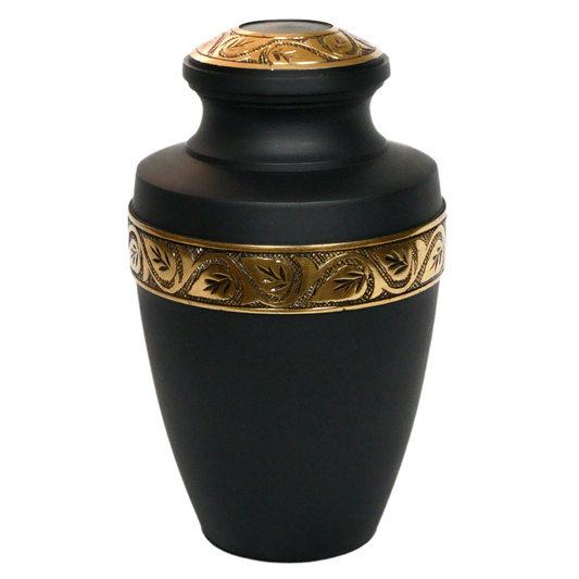 Matte black urn with gold stripe and leaf details