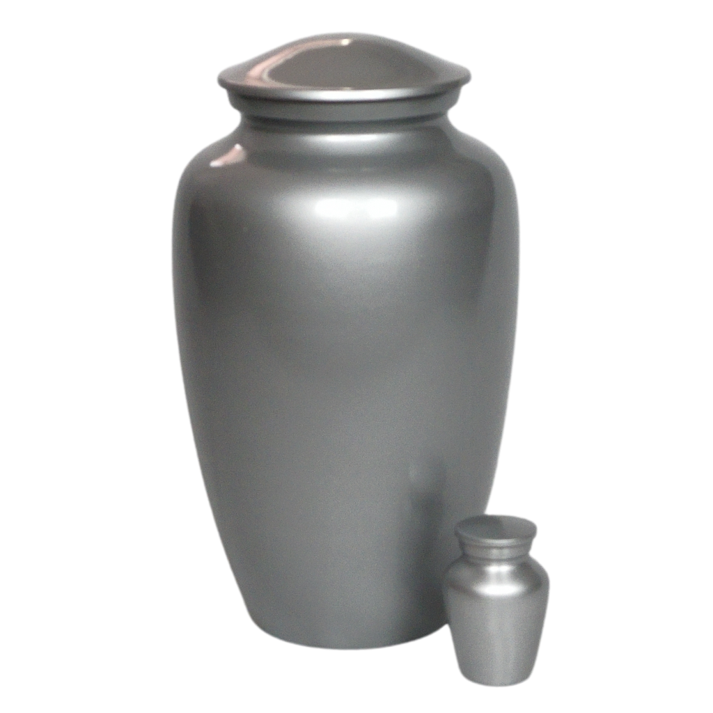 Silver plain keepsake urn next to a matching full size urn