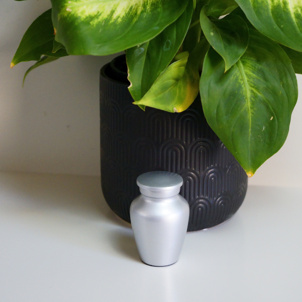 Silver plain keepsake urn in natural setting