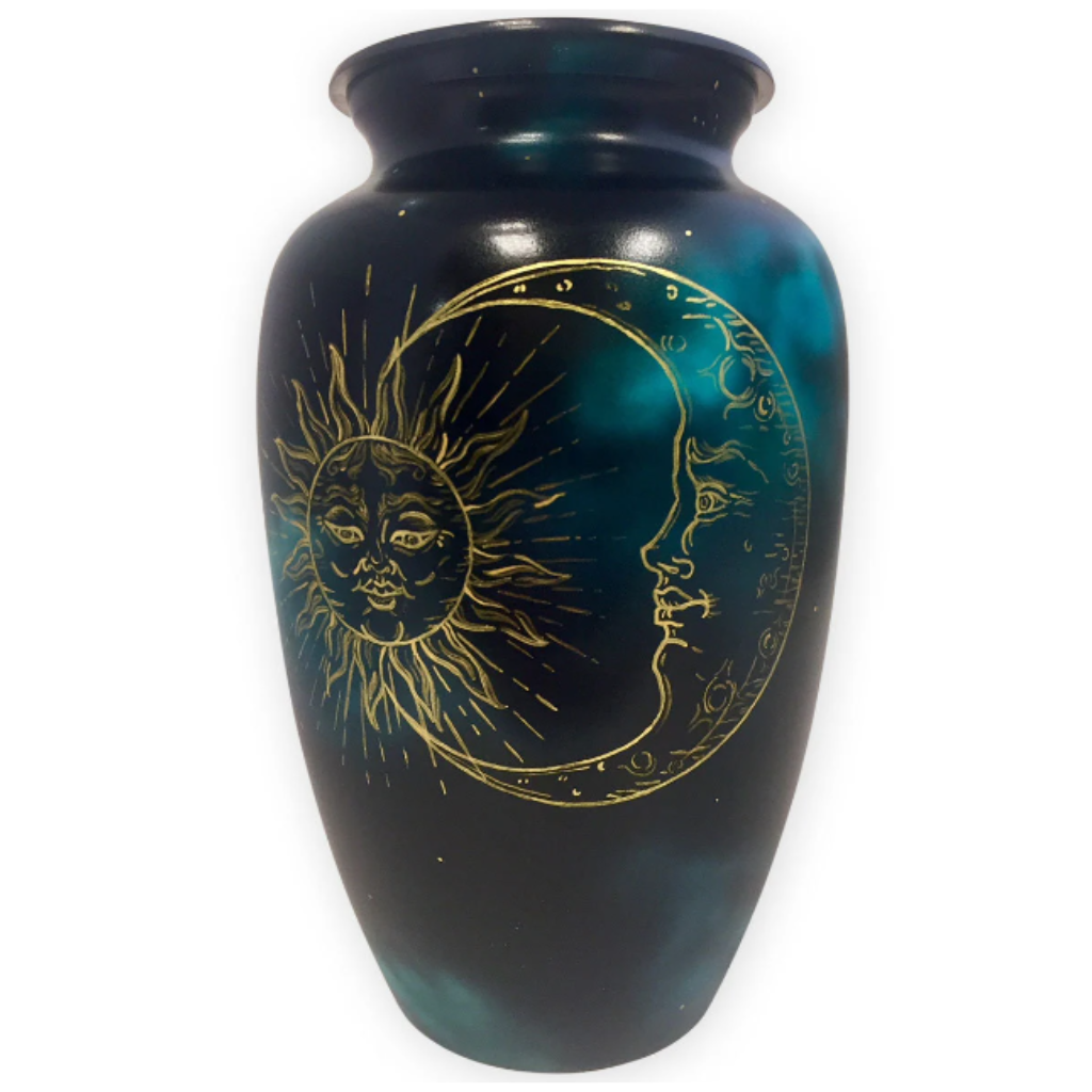 Black and turquoise urn with gold accented moon and sun