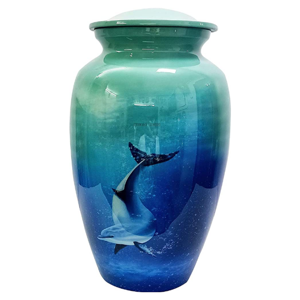 blue urn with dolphin