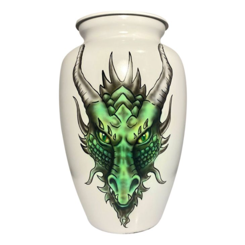 Creamy white urn with green dragon head
