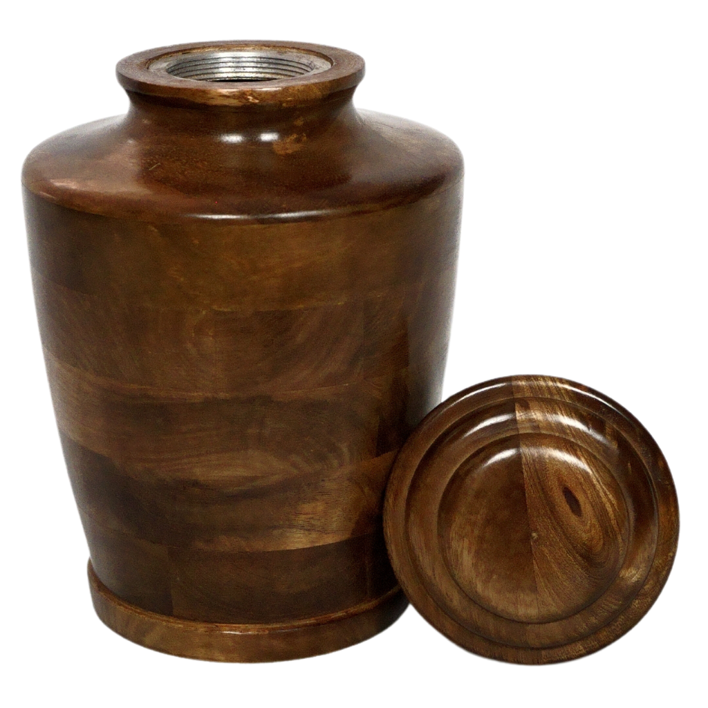 Wooden urn in traditional style with lid off