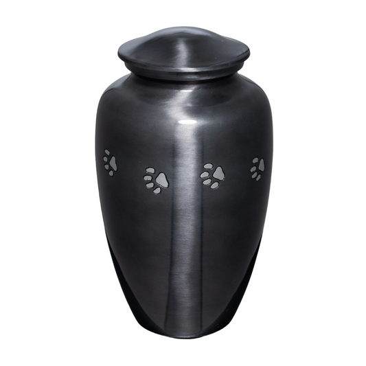 Classic style silver urn with etched pawprints