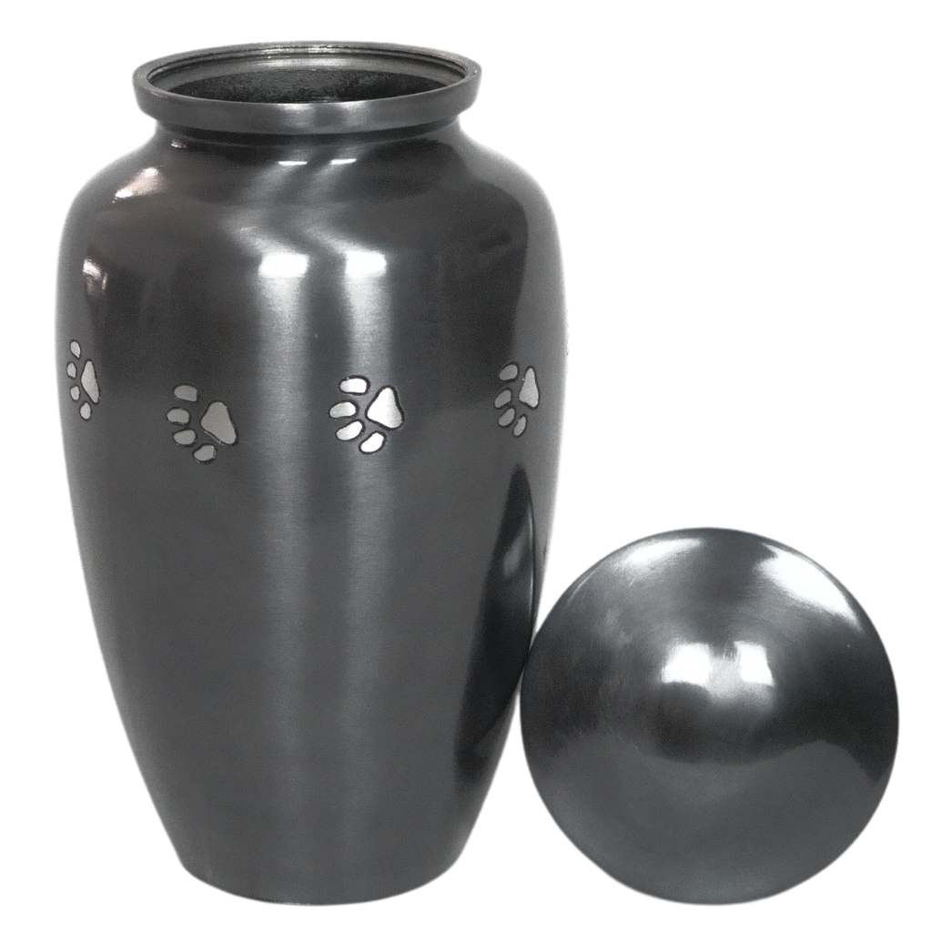Classic style silver urn with etched pawprints lid off