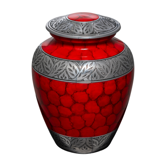 Red urn with soft scale details and silver leafy accents