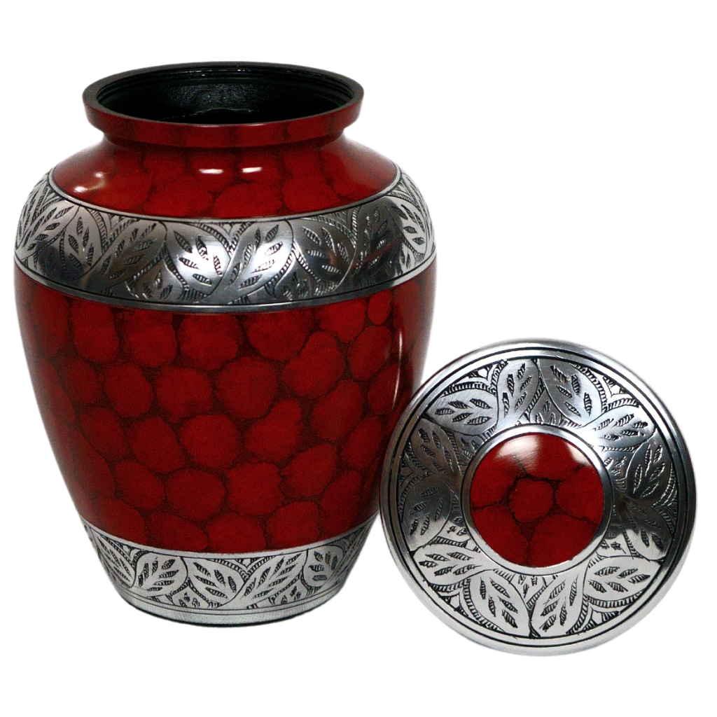 Red urn with soft scale details and silver leafy accents lid off