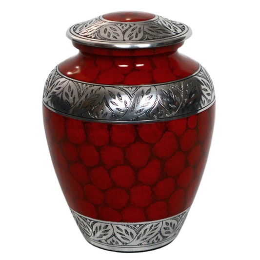 Red urn with soft scale details and silver leafy accents