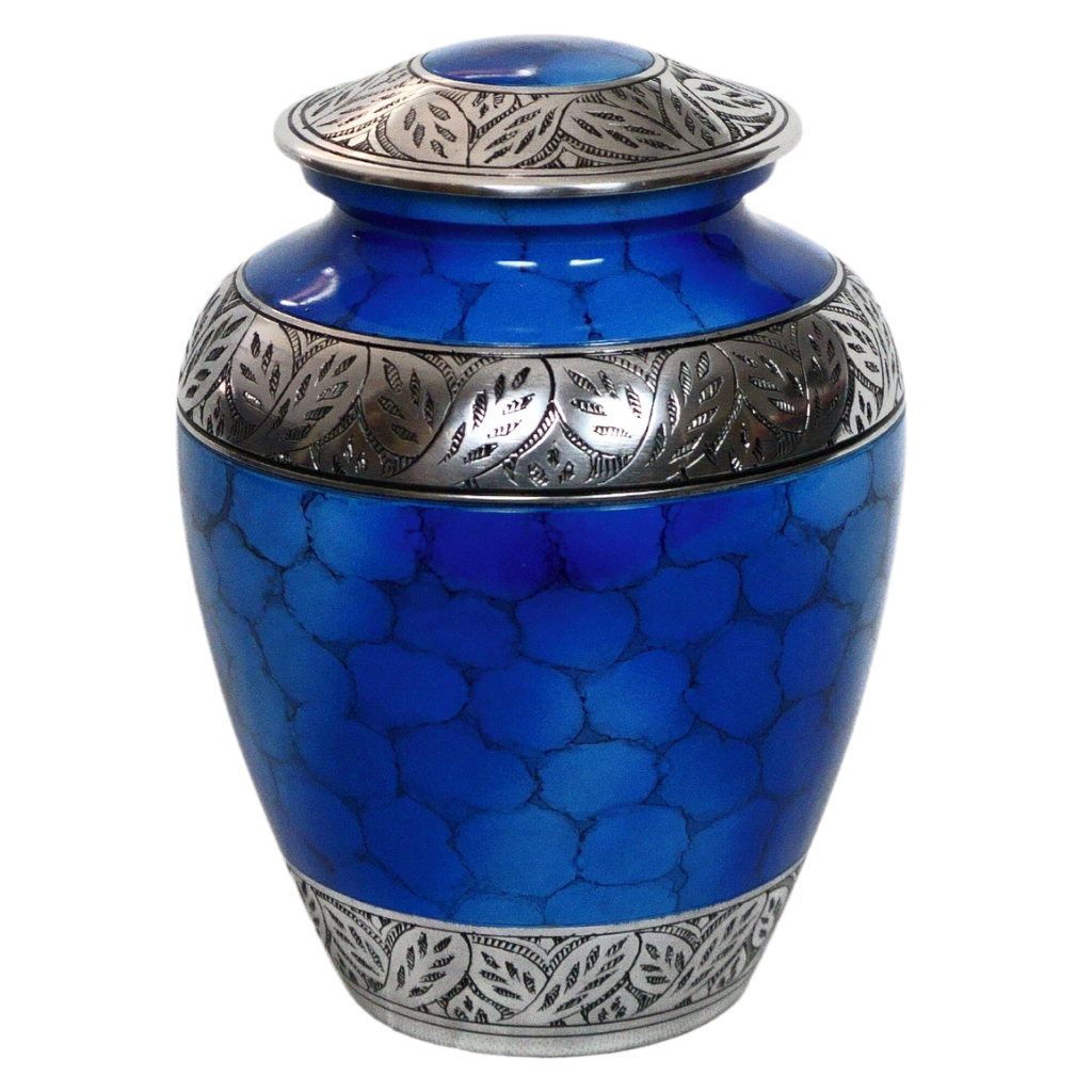 Blue urn with soft scale details and silver leafy accents