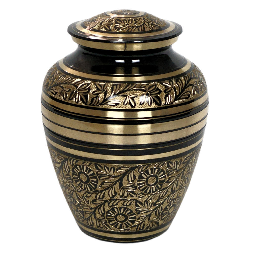 Black and gold brass urn with floral and nature patterns