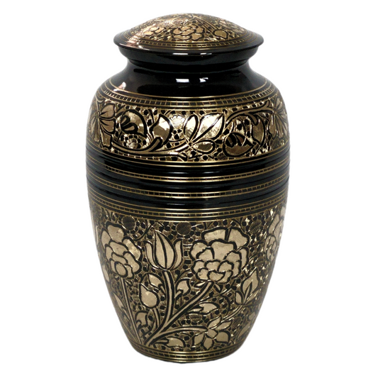 Black and gold brass urn with flower patterns