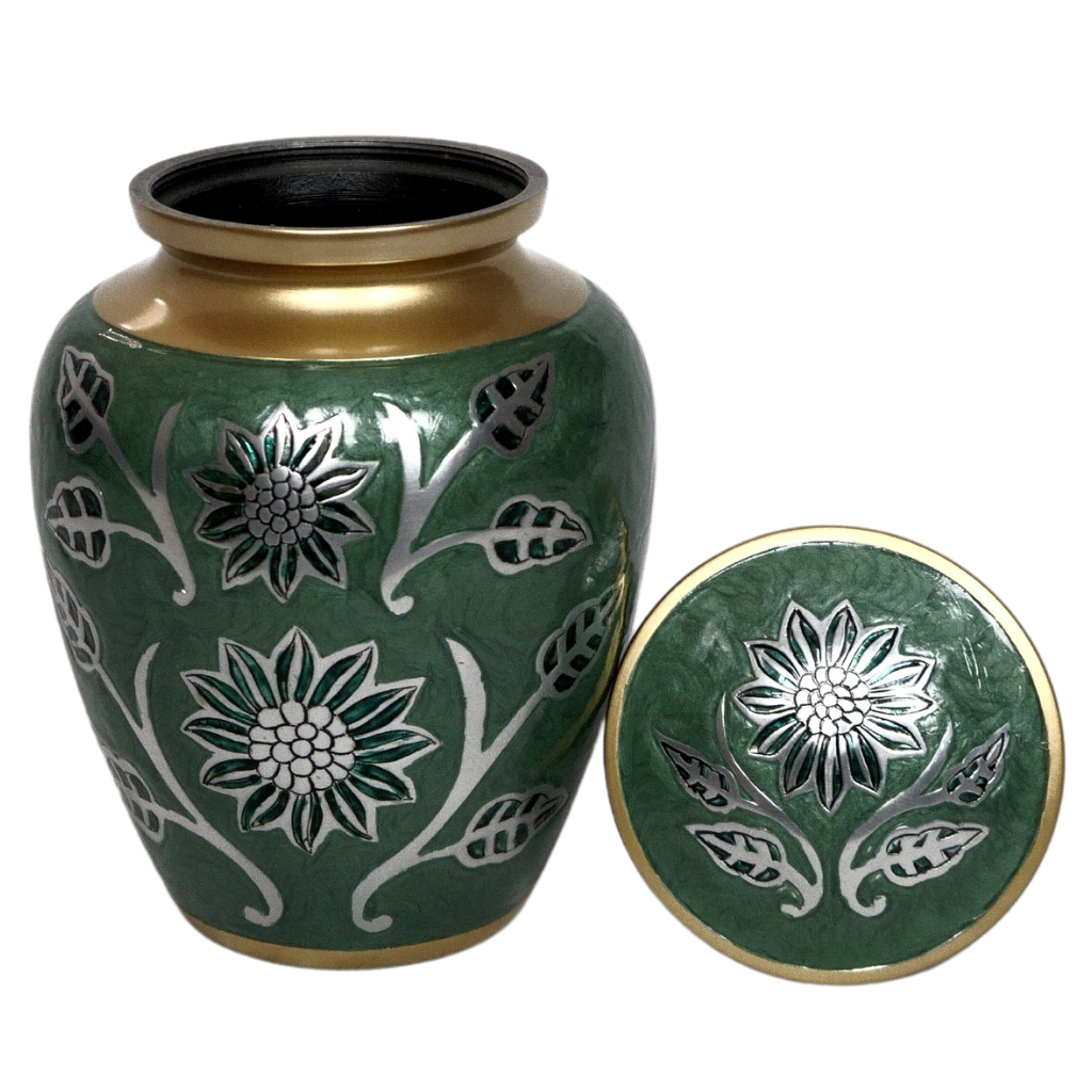 Green and gold urn with silver detailed floral patterns lid off