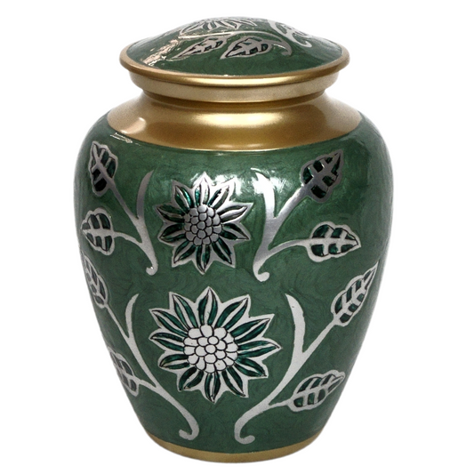 Green and gold urn with silver detailed floral patterns