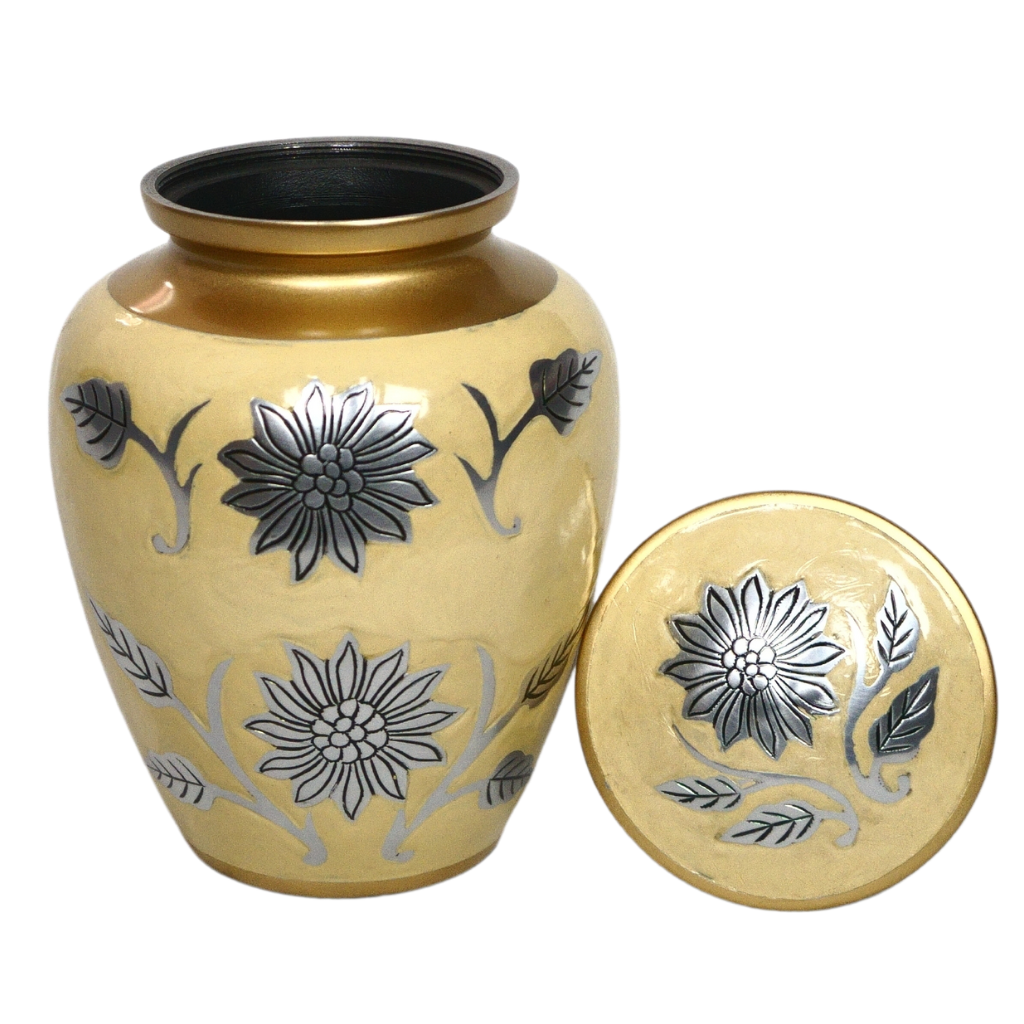 Yellow and gold urn with silver detailed floral patterns lid off