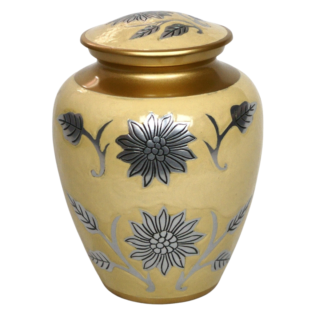 Yellow and gold urn with silver detailed floral patterns