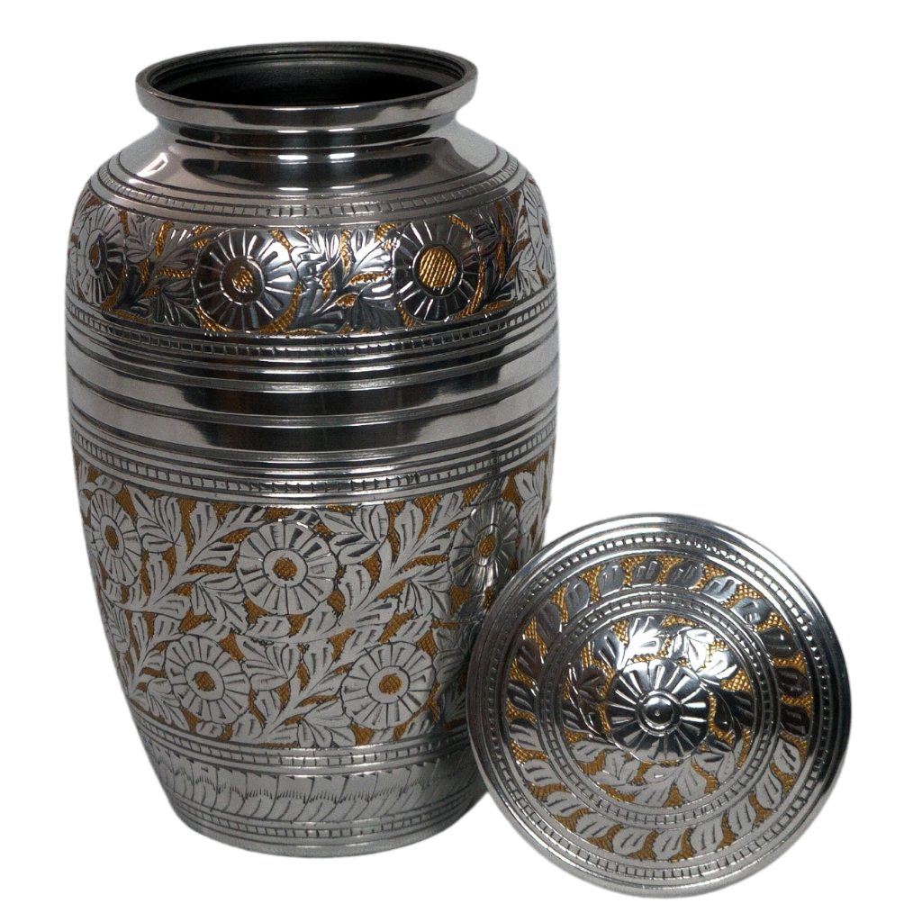 Silver and gold brass urn with intricate flower details lid off