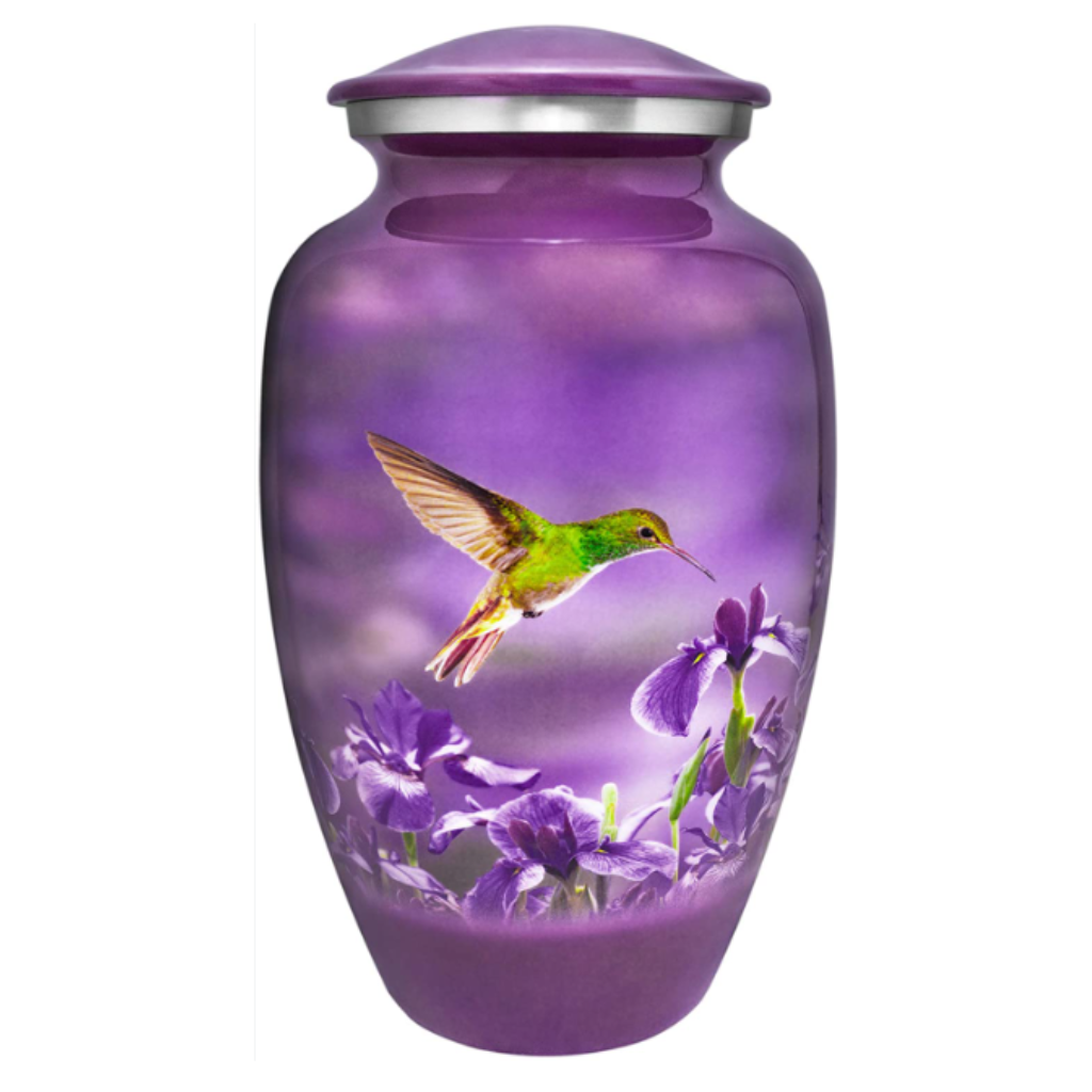 Purple urn with hummingbird 