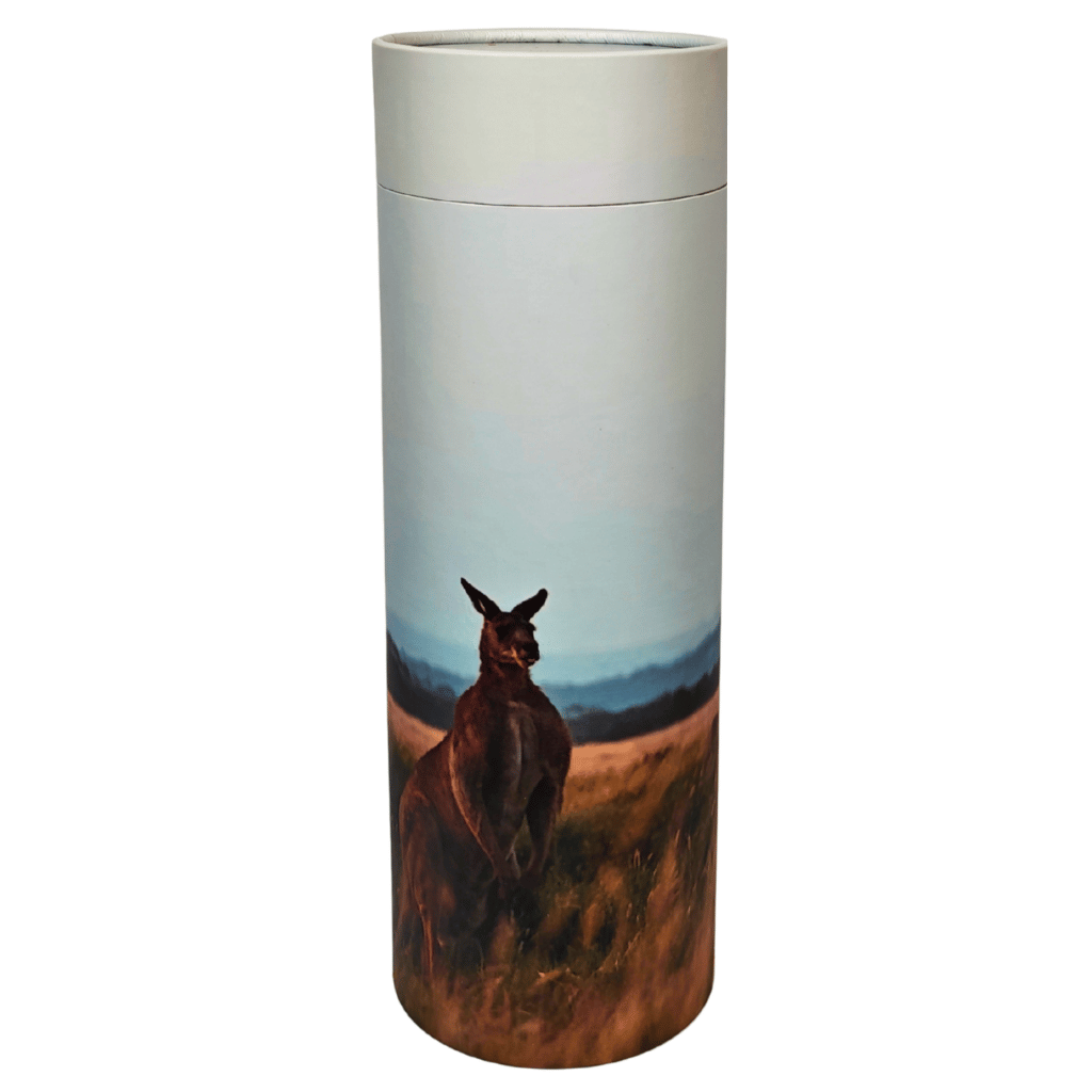 Cylindrical Scattering tube with a kangaroo design on a white background