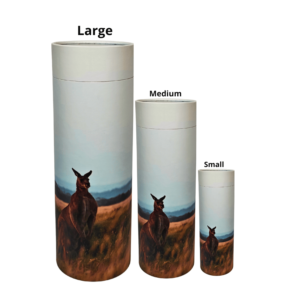 Three cylindrical scattering tubes labeled Large, Medium, and Small with kangaroo illustrations on a white background.