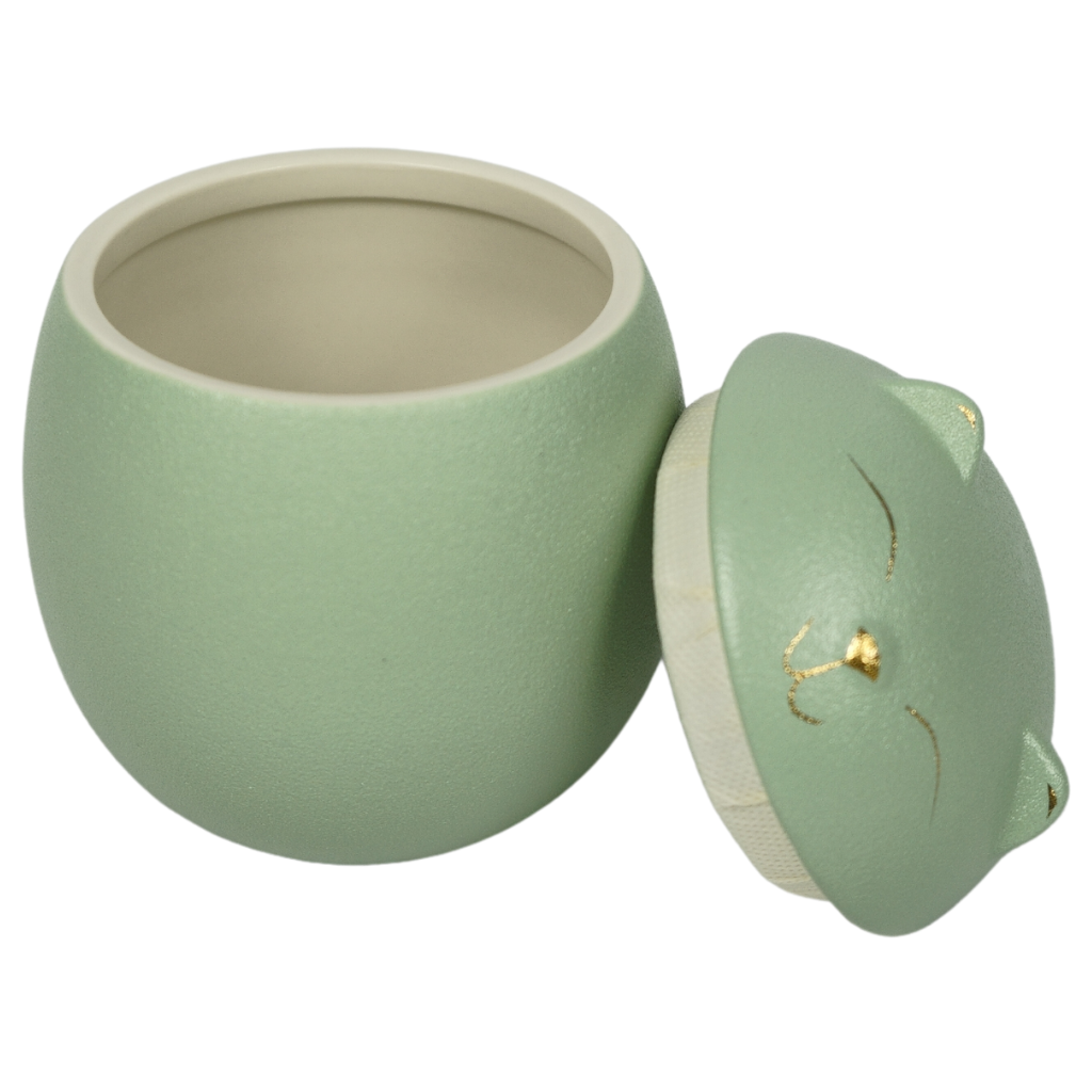 Green kitty comfort ceramic urn lid off