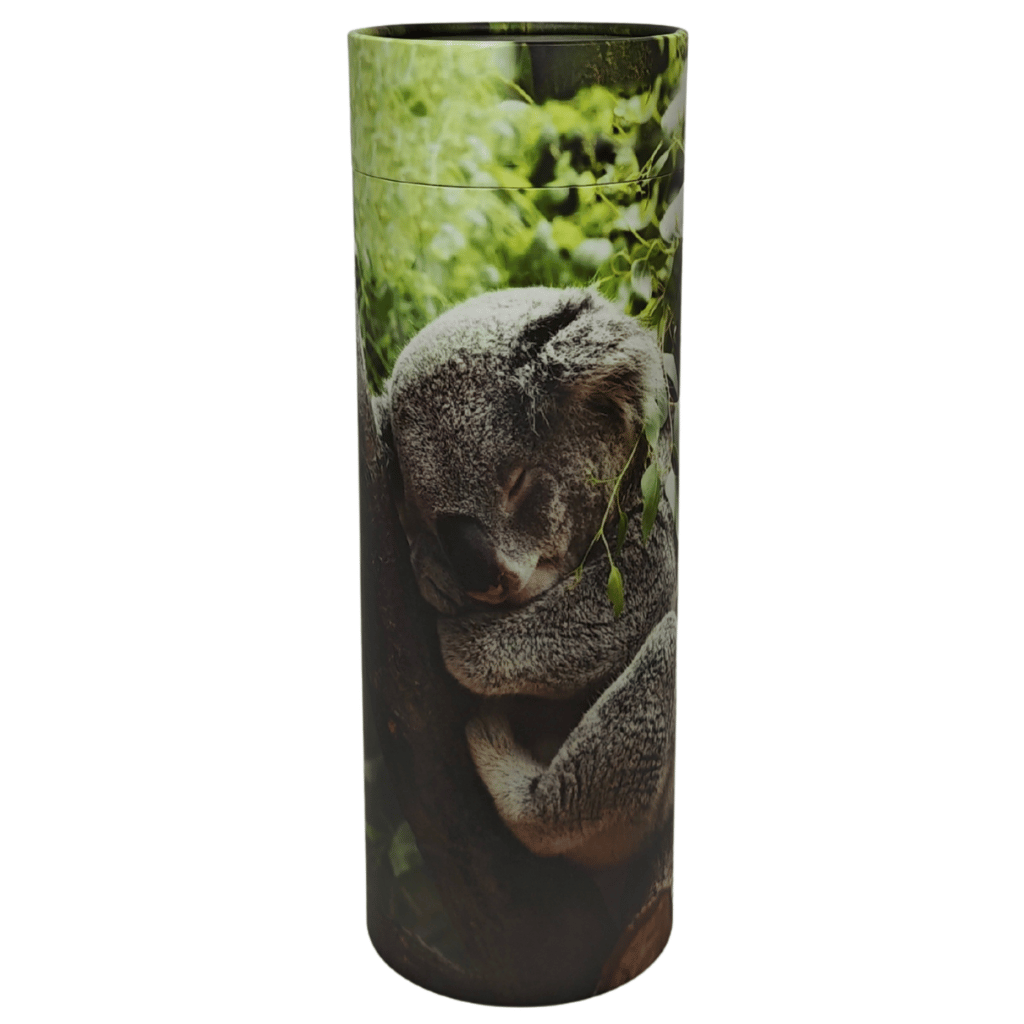Cylindrical Scattering Tube with a design of a koala on a green background