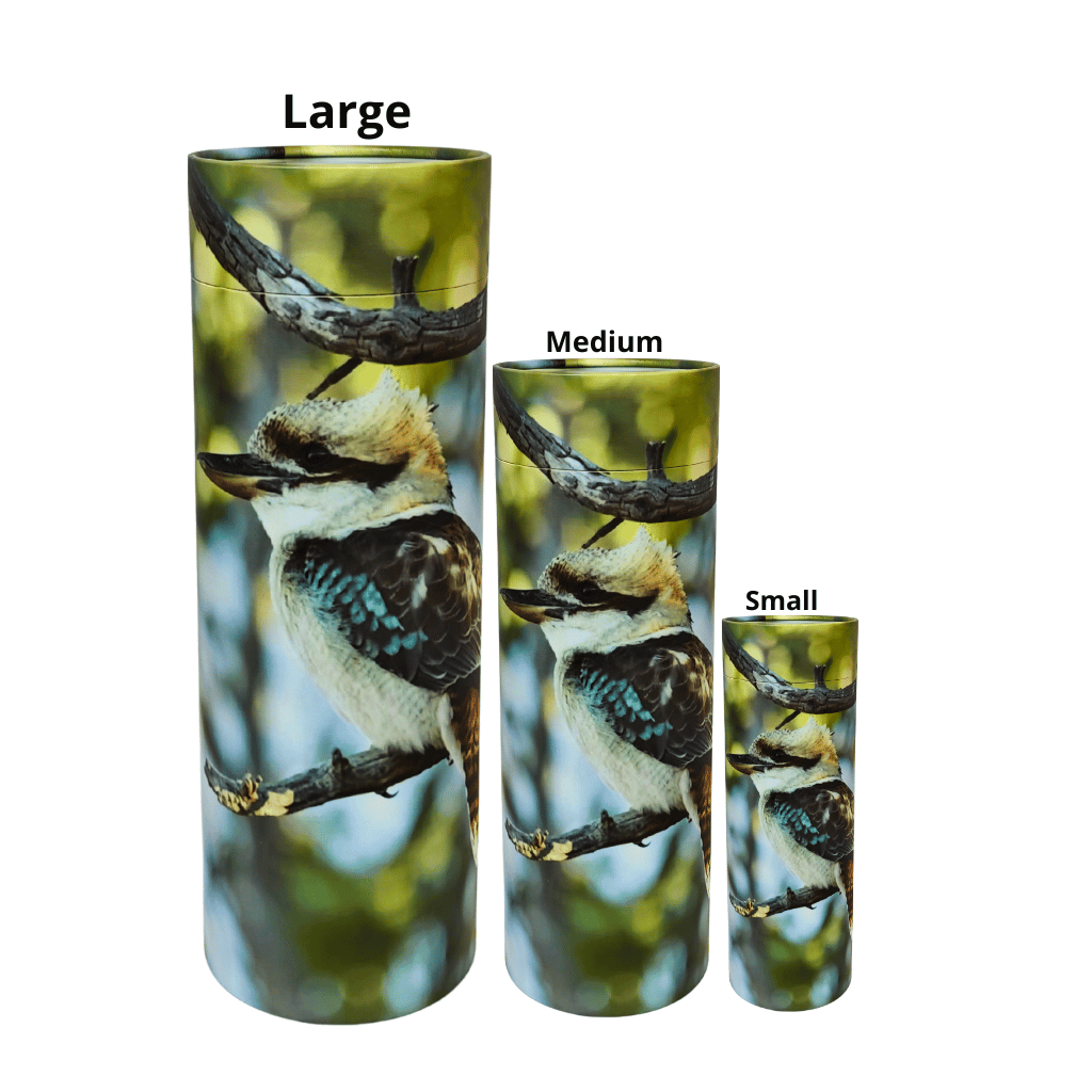 Three Scattering Tubes with kookaburra designs labeled 'Large', 'Medium', and 'Small' on a white background.