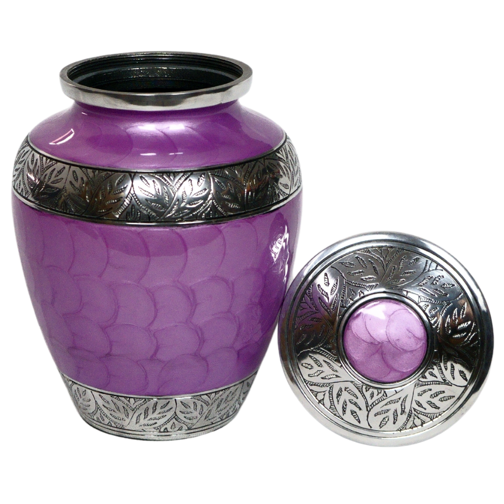 Purple soft scaled urn with silver leaf details lid off