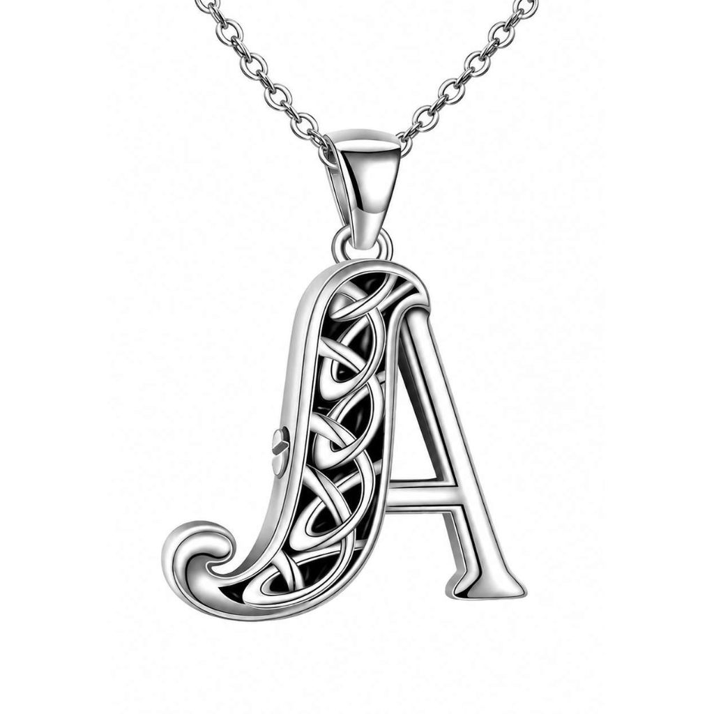 A sterling silver Celtic letter 'A' pendant necklace with an intricate knotwork design, shown on a clean white background.