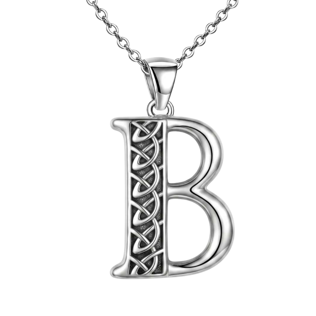 A sterling silver initial pendant necklace featuring the letter 'B' with an intricate Celtic knot design on the left side, suspended from a matching silver link chain against a plain white background.