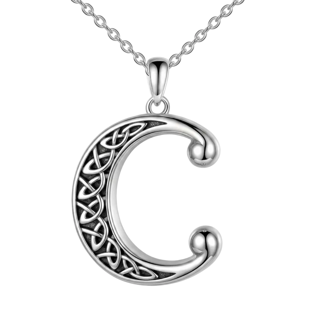 A silver pendant necklace featuring a polished letter 'C' with an integrated Celtic knot design on the left side, suspended from a matching silver chain against a white background.