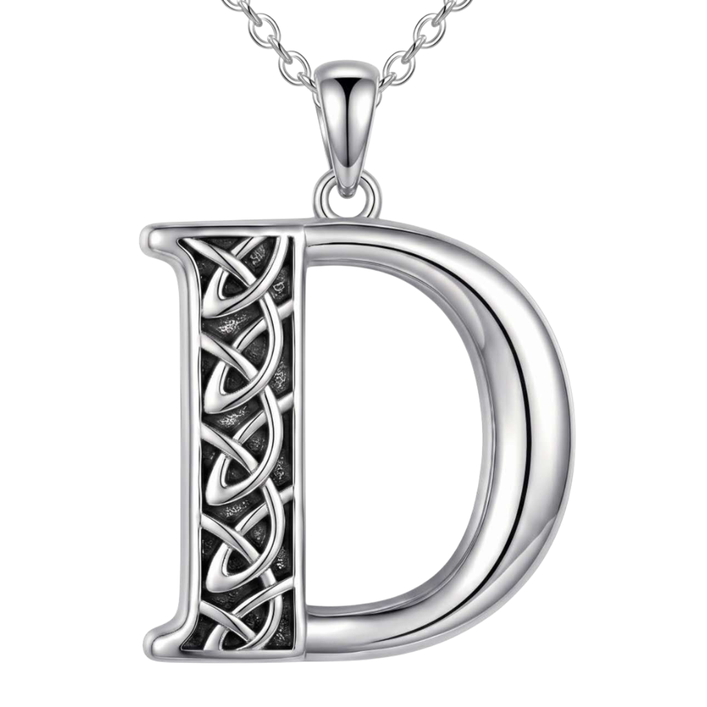 A sterling silver initial pendant necklace featuring the letter 'D' with an intricate Celtic knot design on the left side, suspended from a matching silver chain against a plain white background.