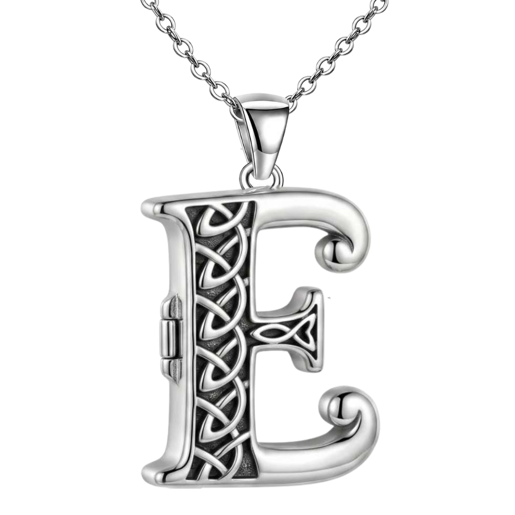 A sterling silver Celtic letter 'E' pendant necklace with an integrated locket, featuring intricate knotwork and cross details, suspended from a matching silver chain against a plain white background.