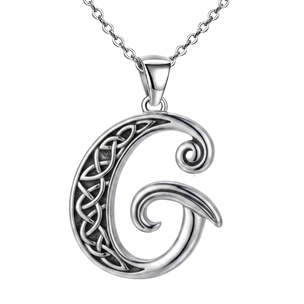 A silver Celtic-style letter 'G' pendant necklace on a matching chain, shown against a plain white background.