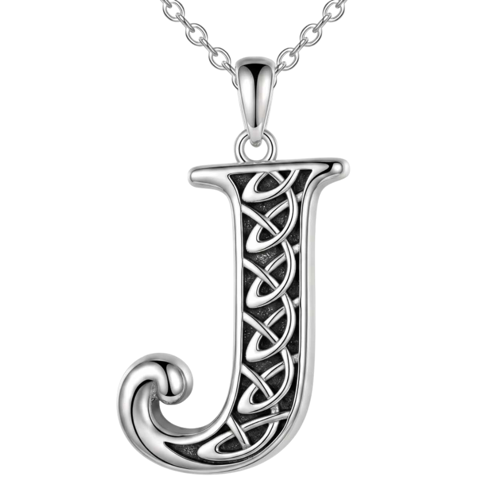 A sterling silver Celtic letter 'J' pendant necklace with a detailed knotwork pattern and a matching chain, shown on a solid white background.