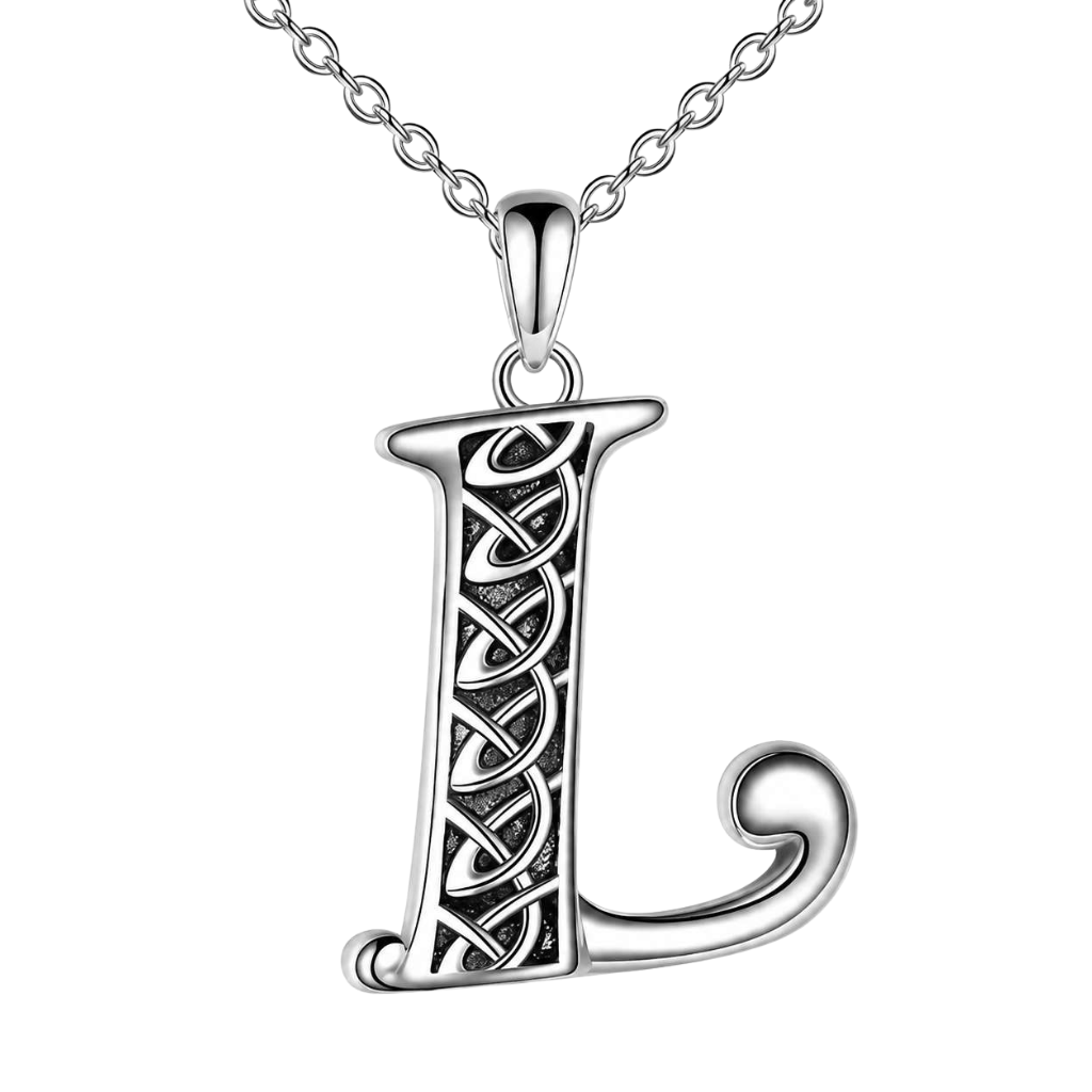A silver Celtic-style letter 'L' pendant necklace on a matching silver chain, shown against a plain white background.