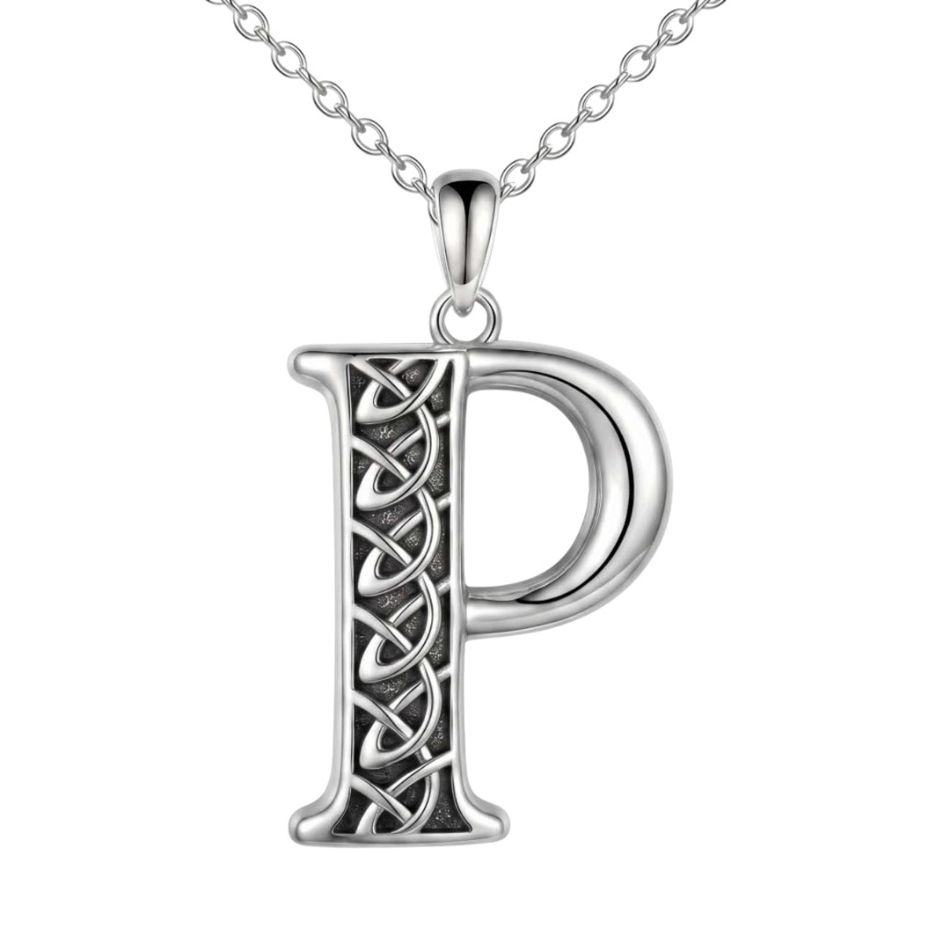 A sterling silver initial pendant necklace featuring the letter 'P' with an engraved Celtic knot design on the left side, suspended from a matching silver chain against a plain white background.