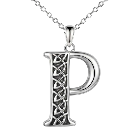A sterling silver initial pendant necklace featuring the letter 'P' with an engraved Celtic knot design on the left side, suspended from a matching silver chain against a plain white background.