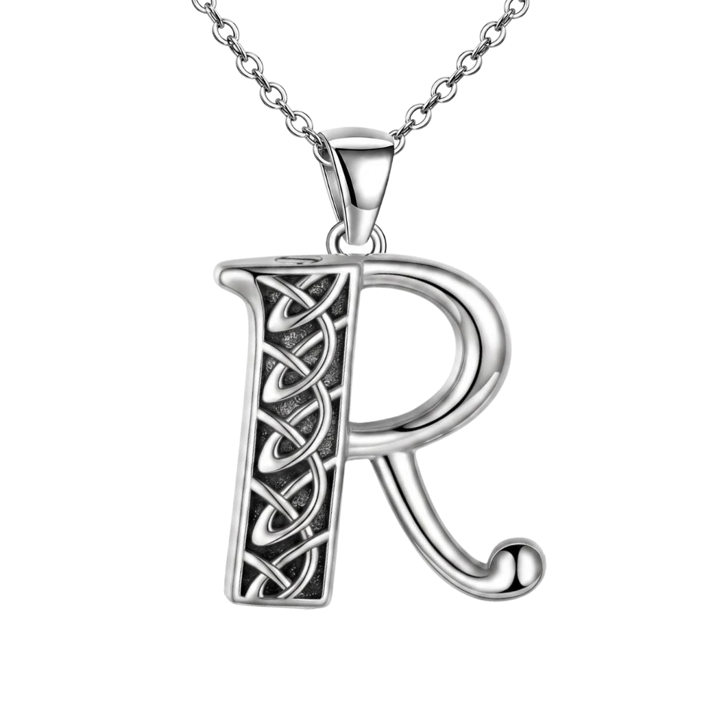 A silver initial pendant necklace featuring the letter 'R' with an engraved Celtic knot pattern on the vertical stem, suspended from a matching silver chain against a plain white background.